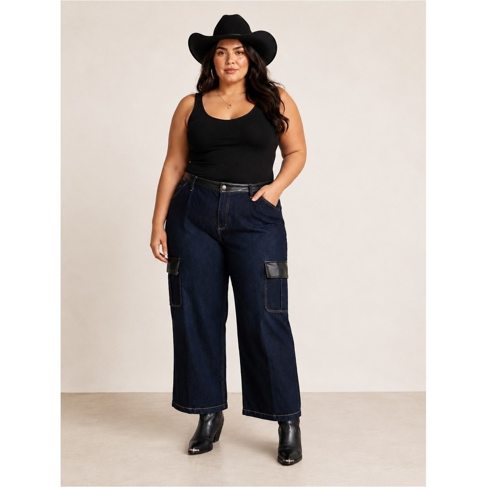 Peace Love World 22WP Luxe Faux Leather Trim Cargo Jeans Black Label Y2K Western